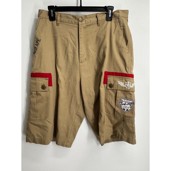Red Ape Y2K Men's Size 34 Brown Embroidered‎ Cargo Shorts 12" Inseam Streetwear - Picture 1 of 8